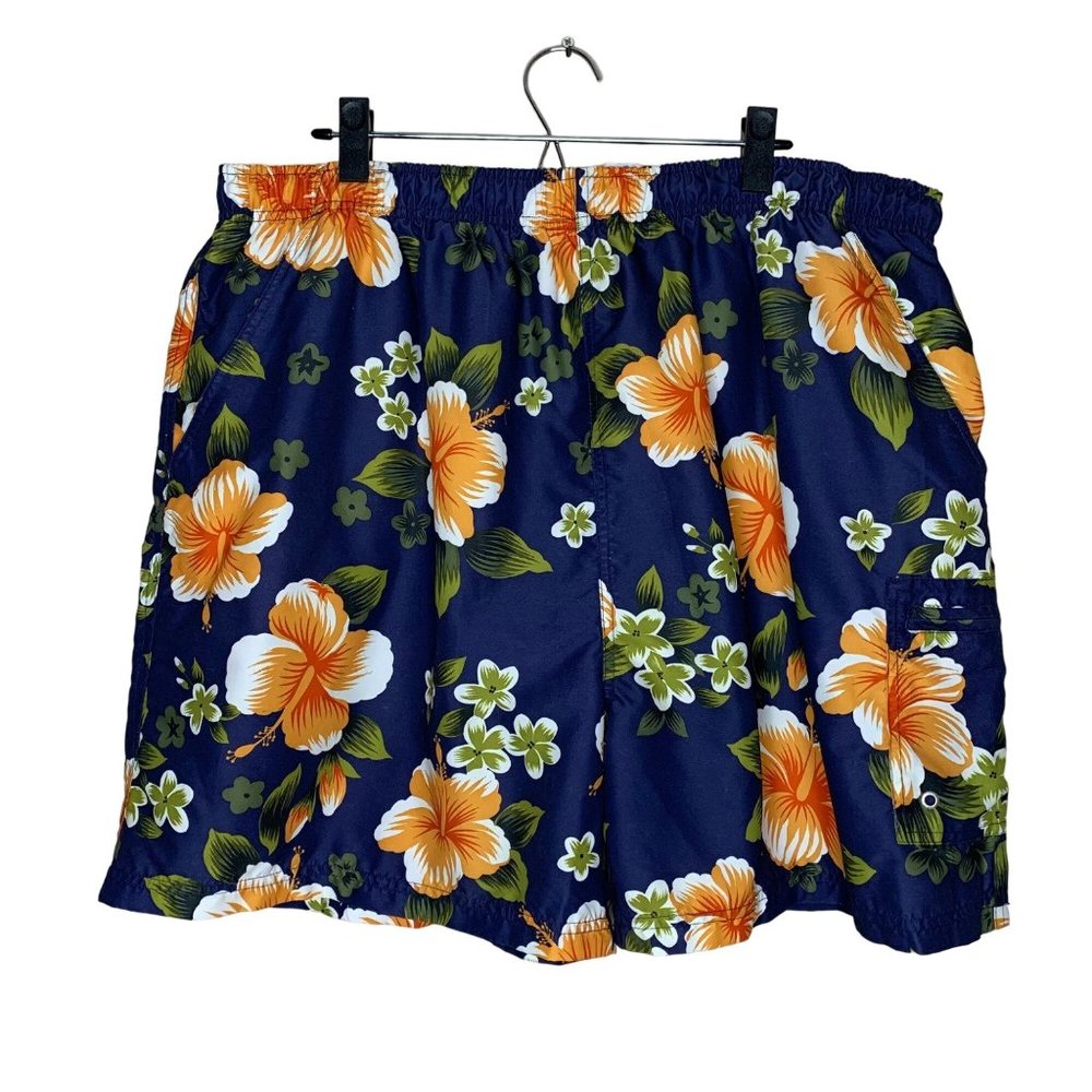 Sand N Sun Swim Trunks Hawaiian Floral Print Navy Blue Orange Lined Pockets 2XL